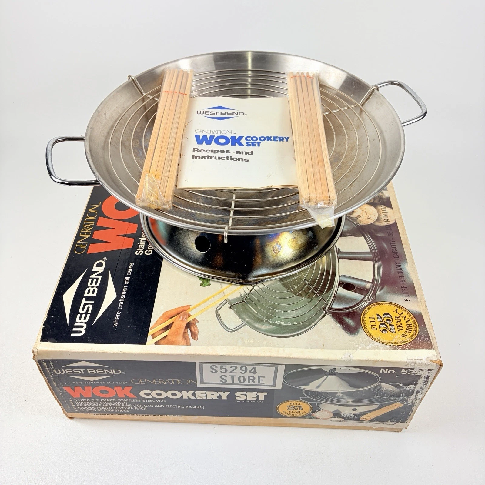 West Bend Wok Cookery Set No. 5294 5 Liter Stove Top w/Box Manual Chopsticks VTG
