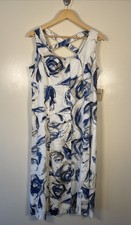 Coldwater Creek Maxi Dress NWT Sz 16 Petite Linen Blend Lined Blue White Floral