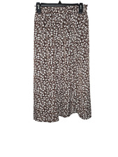 Women  s Brown White Floral Midi Skirt Size M Elastic Waist A-Line Boho Cottageco