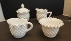 VTG FENTON 4 PIECE SET WHITE MILK GLASS HOBNAIL SUGAR CREAMER, SYRUP, JELLY BOWL