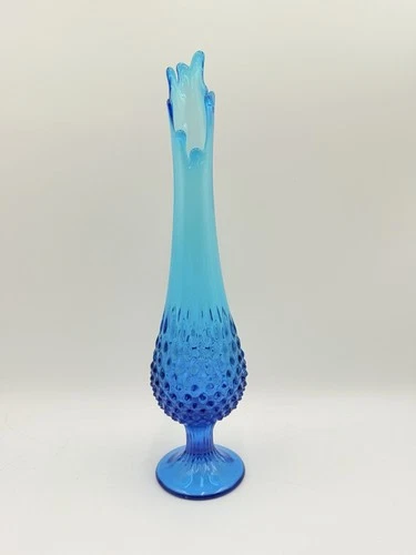 Fenton Blue MCM Vintage Glass Swung Vase 15” Hobnail Pedestal Base