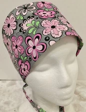 Pink Floral on Gray Large Lined Medical Scrub Cap Surgery Hat Chef Dental