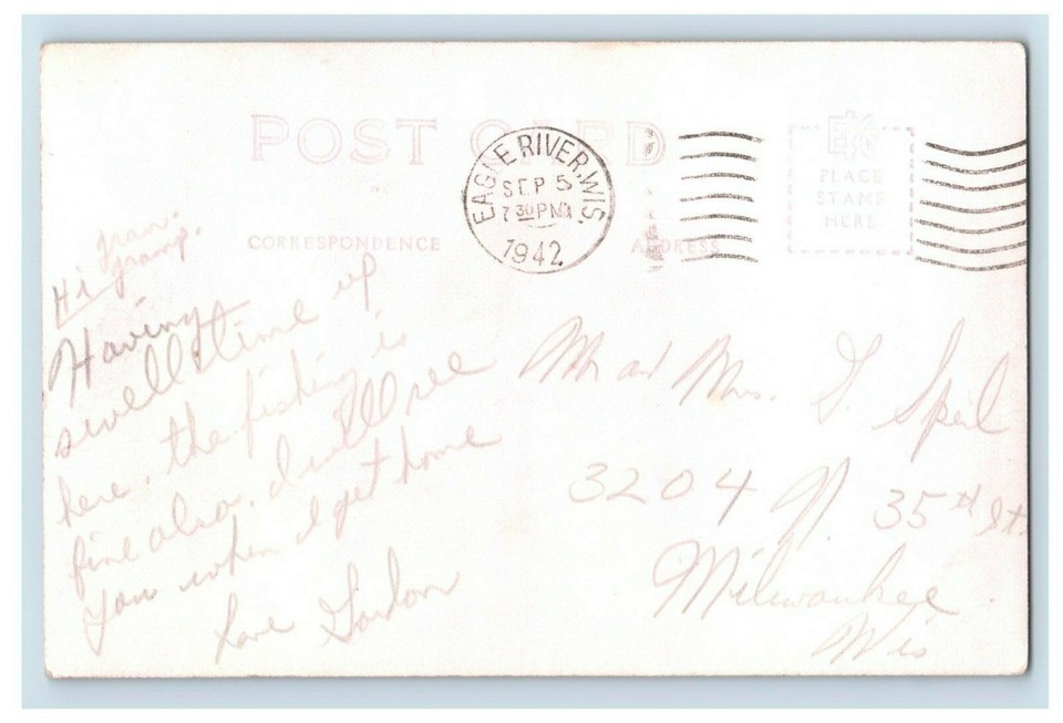 RPPC Big Fish Caught Catfish Lake Eagle River Wisconsin Real Photo