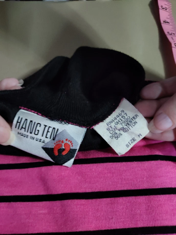 复古 Hang Ten 粉色条纹女式长袖 80 年代/90 年代衬衫美国制造 M 码 — 第 3/4 张图片