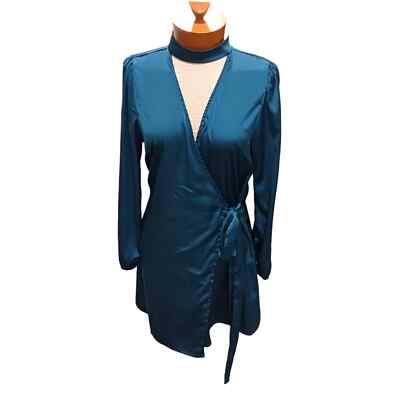 Better be Satin Dress Large Teal Wrap Cocktail Dress Slip Style Long Sleeve  | eBay