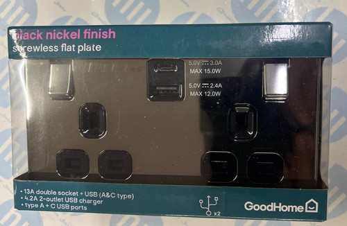 GoodHome Black Nickel Double 13A Switched Socket With USB x2 4.2A & Black Insert - Picture 4 of 4