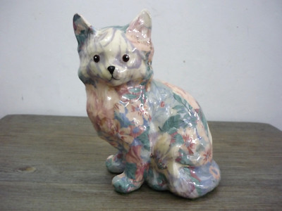 Vintage Global Studios Pottery Ceramic Floral Decoupage Cat Figurine 14.5cm