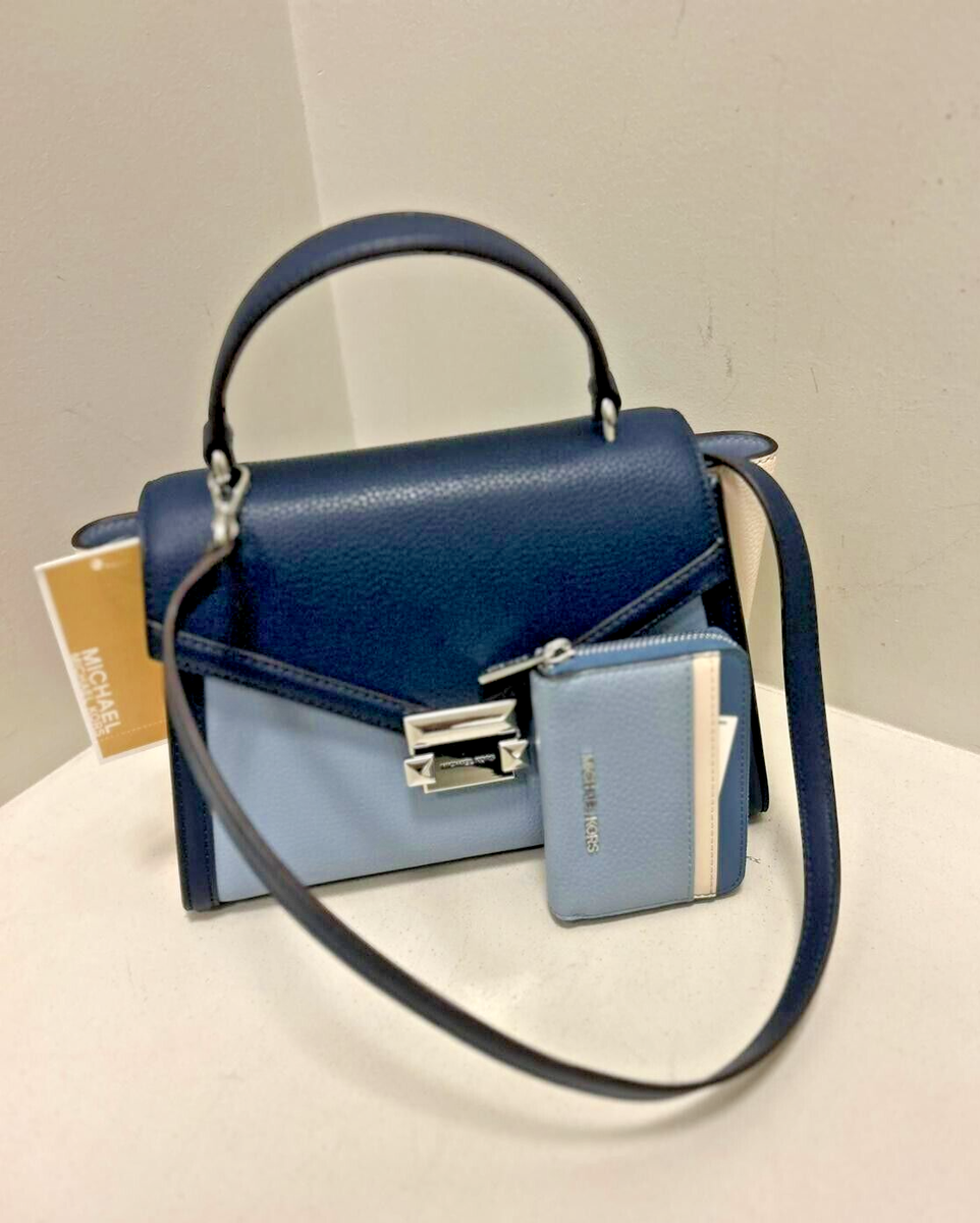 Michael Kors Whitney MD Leather Flap Satchel Bag+Zip Card Wallet