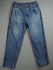 VTG Tommy Hilfiger Jeans Mens 33x32 Blue Tapered Baggy Spell Out Seams Flag Y2K