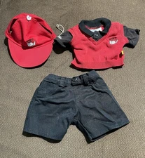 BUILD A BEAR Male Golf  Set Of 3 Black Red Sweater Top Shorts Cap