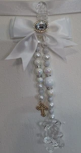 new white unisex pram charm with  White Beads  white Bow clear Teddy  gold cross