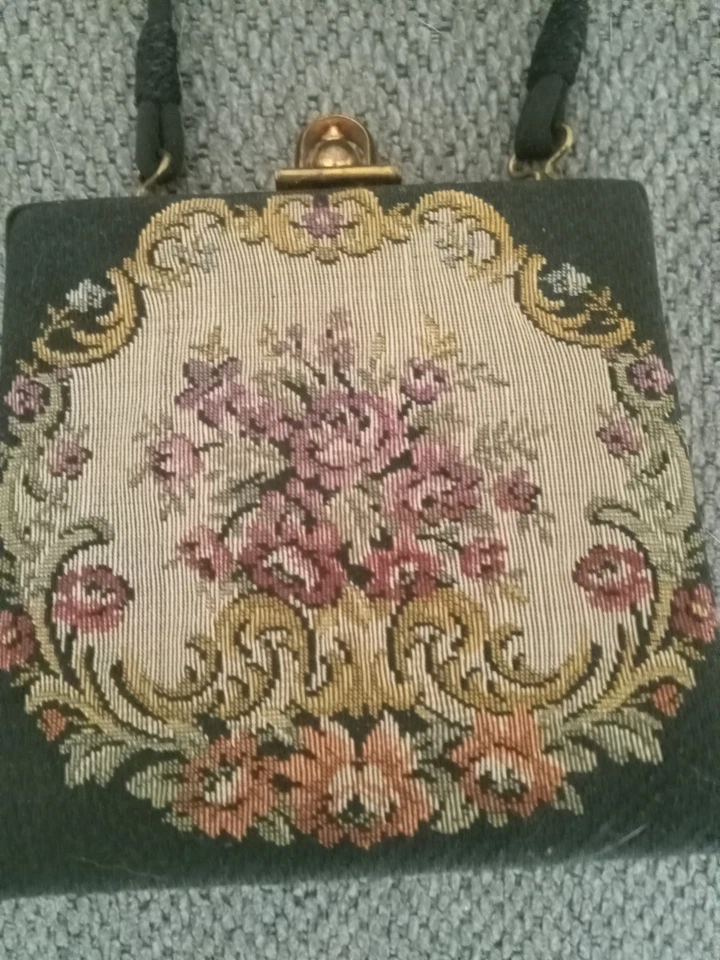 Antiguo monedero floral tapiz victoriano de 1800 con espejo de mano seda roja Foto 2 de 4