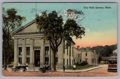 City Hall Vintage Cars Trolley People Trees Quincy MA DB 1912 Postcard TS-192