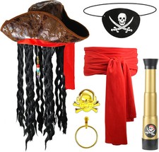 6 PCS Halloween Pirate Costume Set, Pirate Hat with Dreadlocks Braids Pirate Acc