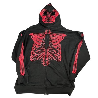 Social Collision Skeleton Face Bones Full-Zip Hoodie M Black Goth Punk Horror