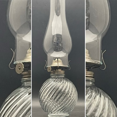 #ad Lamplight Farms Clear Glass Swirl Ball Hurricane Oil Lamp c1980s Austria 15.5quot;t $32.00