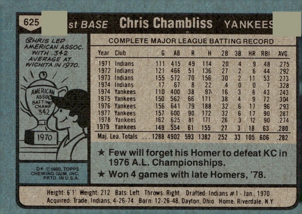 1980 Topps #625 Chris Chambliss New York Yankees - Image 2 of 2