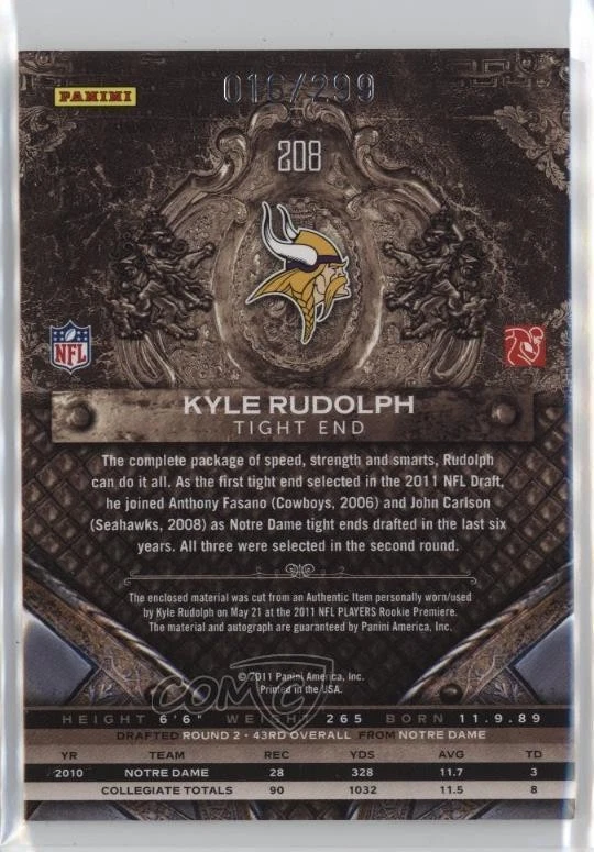 2011 Panini Crown Royale Silhouette Signatures /299 Kyle Rudolph Rookie Auto RC - Image 2 of 2