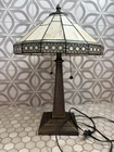 Vintage Tiffany Style Stained Glass Table Lamp Green Cream Geometric 2-Light