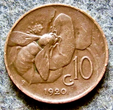 ITALY Vittorio Emanuele III 1920 R 10 CENTESIMI, HONEYBEE on Flower COPPER