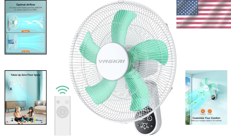 Stylish Wall-Mounted 16 Inch Fan: 5-Blades, Remote Control & Oscillating Feature - Image 2 of 4
