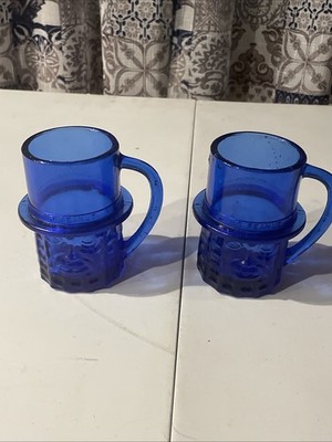 Pair Of VTG Planters Nuts Mr Peanut Cobalt Blue Handled Glass Face Mug Cup 4 