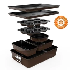 NutriChef 8pcs. Stackable Carbon Steel Bakeware Sets Non-Stick Coating (Brown)