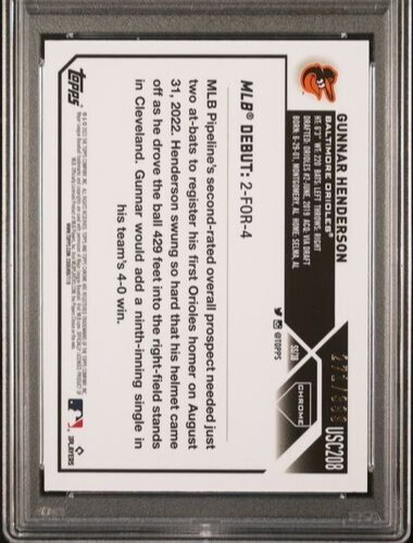 2023 Topps Chrome Upd Rookie /399 Magenta #USC208 Gunnar Henderson RC SP PSA 9 view 10
