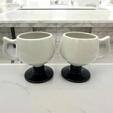 Hall Pottery #2274 Set of 2 Pedestal White Mugs Vintage Black Base 1970's