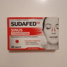 Sudafed PE Maximum Strength Non-Drowsy Sinus Decongestant 36 ct Exp 07/2026+
