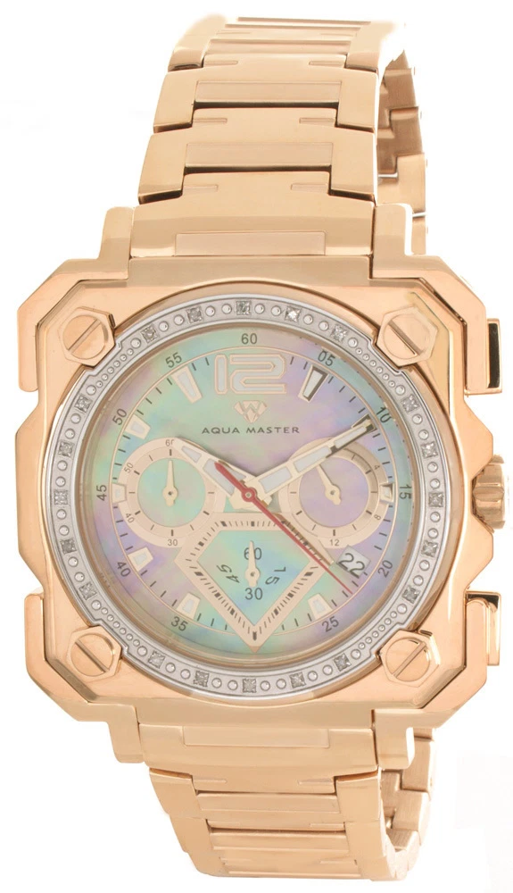 Aqua Master Mens Pearl Dial Rose Gold Tone Steel Bracelet Diamond