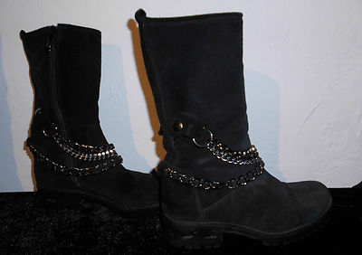 Mally Italy Made Stiefel Boots Wild Leder schwarz 36 Nieten Strass Ketten Biker