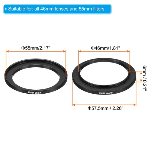 46mm-55mm Metal Step Up Ring, 2 Pcs Camera Lens Filter Adapter Ring Black - Picture 2 of 5