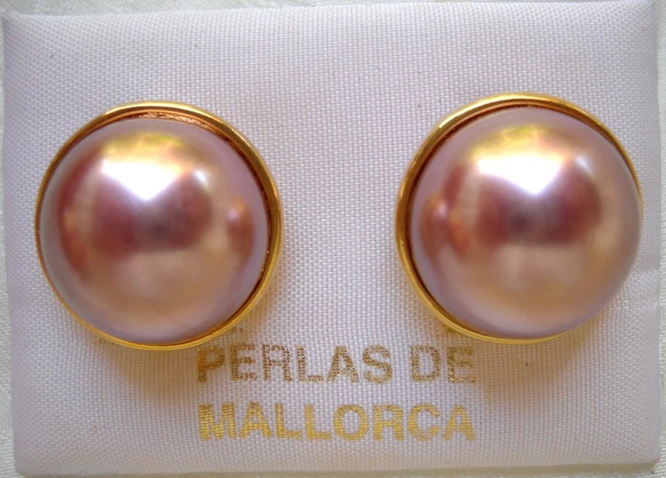 CLIP-ON MABE DARK PINK MAJORCA/MALLORCA PEARL EARRINGS 16MM  PEARLS GOLD FILLED - Image 2 of 4