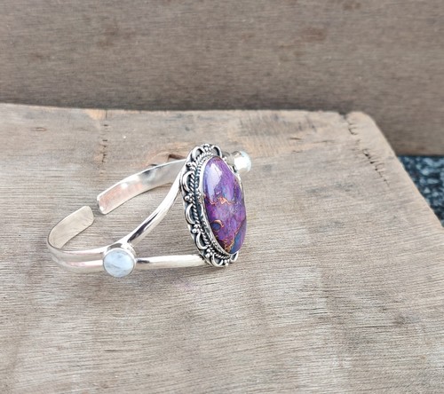 Purple Copper Turquoise & Aquamarine Gemstone Bangle 925 Sterling Silver Bangle - Picture 3 of 6