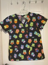 Just Love Scrubs Scrub Top Size S Owls Black Cotton Blend Medical Uniform