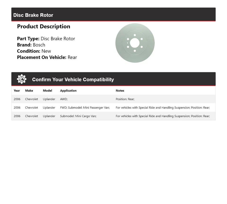 Rotor de freno de disco trasero QuietCast Bosch 2006 Chevrolet Uplander Bosch Foto 2 de 4