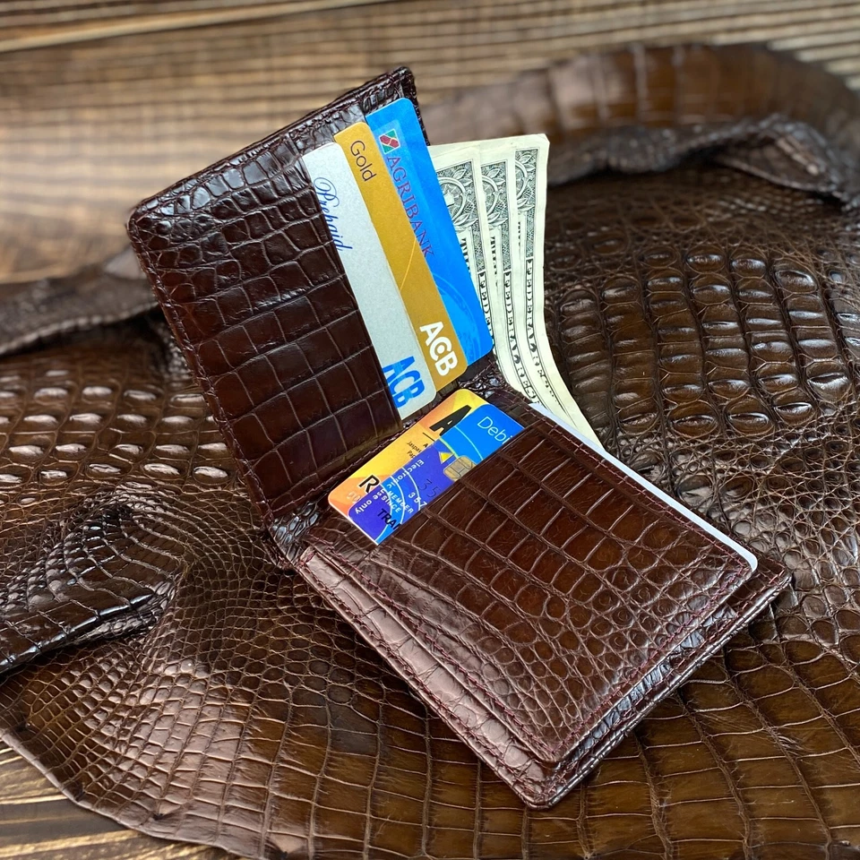 Cartera doble cara piel de cocodrilo real cuero marrón para hombre plegable 8 ranuras para tarjetas Foto 4 de 4