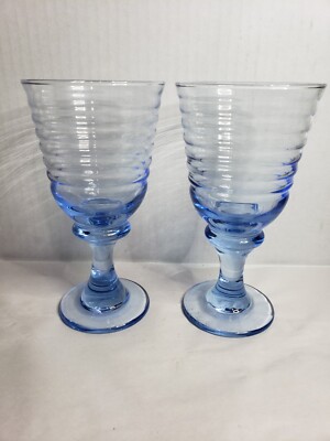 Vintage Libby Serrus Mid Century Pair  Blue Ringed Water Wine Goblets Set Of 2
