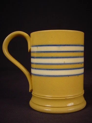 EXTREMELY RARE 1800s ANTIQUE MINI BLUE & WHITE BAND TANKARD YELLOW WARE MINT