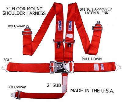 RJS RACING SFI 16.1 LATCH & LINK 5 PT FLOOR MOUNT HARNESS RED 1130204