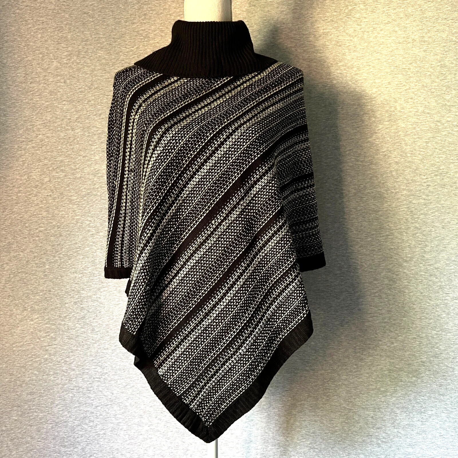 WHBM Poncho Topper Sweater Womens XS Black White Stripe Turtleneck Knit Silver