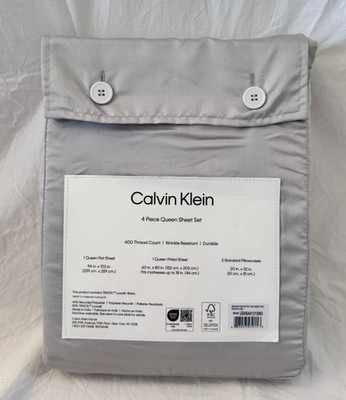 4 pc Calvin Klein 400 TC Wrinkle Resistant & Durable Grey Queen Sheet Set NIP