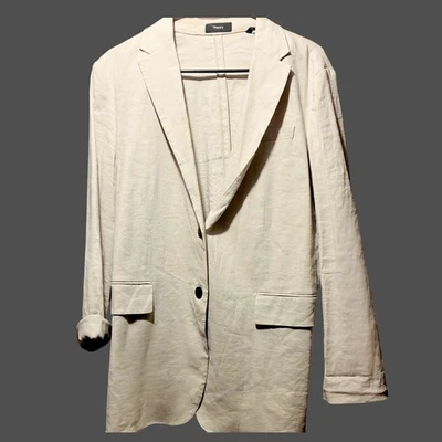 Theory Good Linen Rolled Sleeve Blazer in Beige - Size 10 (Style N0203108)