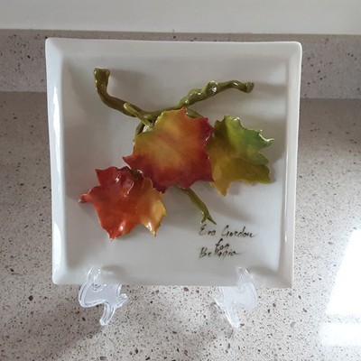 Eva Gordon for Bellagio Autumn Leaves Ceramic Tile 7'' Signed 3D Pottery Canada