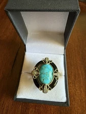 Heritage Gems Ring Kingman Turquoise And Onyx Vermeil ART DECO Ring Size 9 1/4