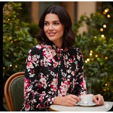 Liz Claiborne Career Women's Floral Tie Neck Long Sleeve Blouse Shirt Top Medium