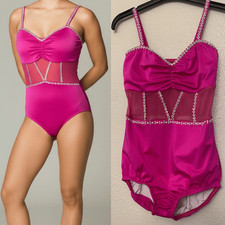 Kelle custom dance costume hot pink leotard mesh corset stoned MA-Medium adult