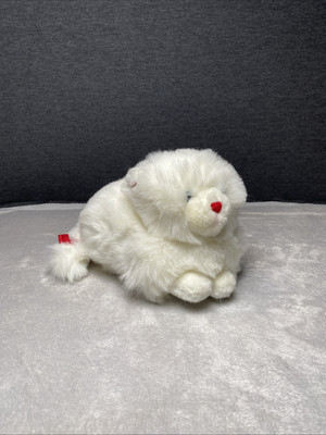 Vintage Mervyns Cat Plush White Fluffy Kitten Red Heart Nose Bow Toy Pet Laying