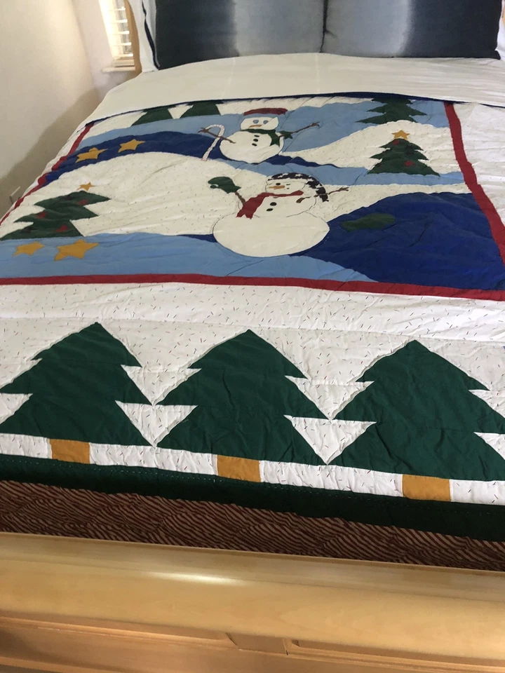 Christmas Tree Star Snowman Quilt Cottage Colorful Patchwork Cotton Queen 88x98" - Image 3 of 4